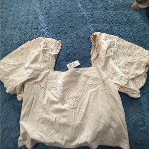 Express Cream Eyelet Puff-Sleeve Blouse